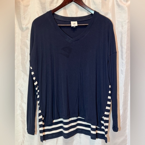 Cabi Navy Striped Hem Hi-Low Top w/ Side Slits | Size S - Picture 1 of 8